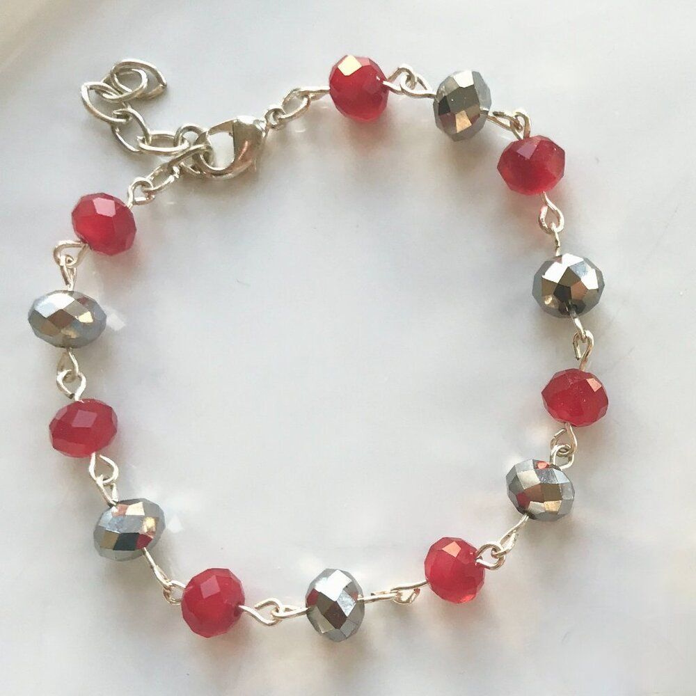 Red and Silver Rondelle Bead Bracelet
